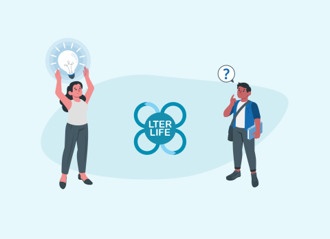 Two persons around the LTER-LIFE logo. The person on the left has a brilliant idea. The person on the right has a question for LTER-LIFE.