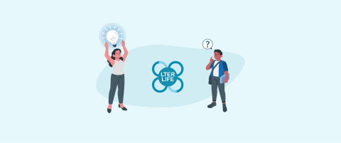 Two persons around the LTER-LIFE logo. The person on the left has a brilliant idea. The person on the right has a question for LTER-LIFE.